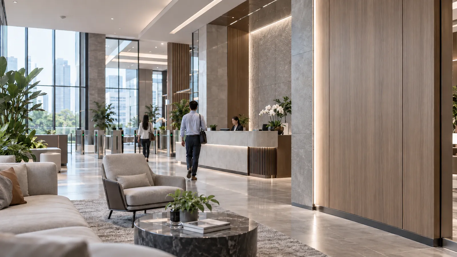 Lobi gedung perkantoran modern dengan resepsionis dan gate akses